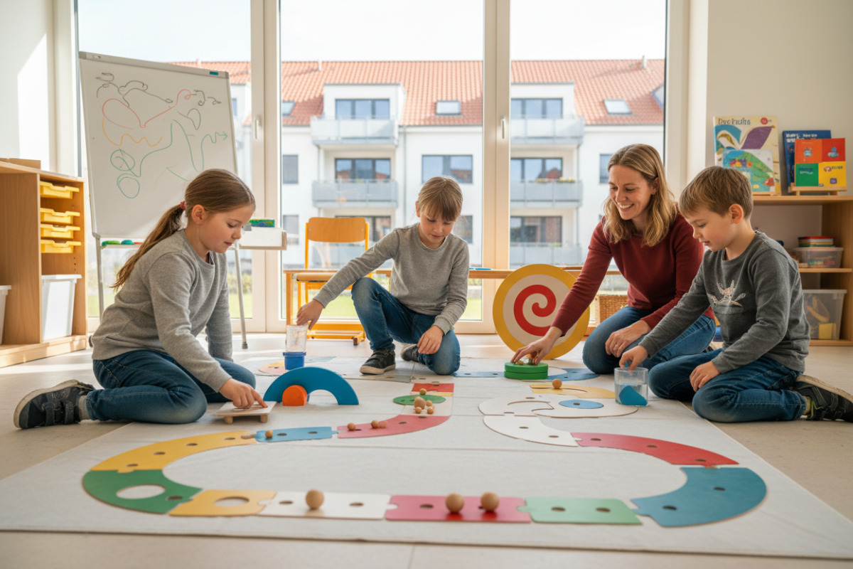 Die Spielsituationen verbinden geometrische Formen mit Bewegung, Sprache, Alltagserfahrungen und feinmotorischem