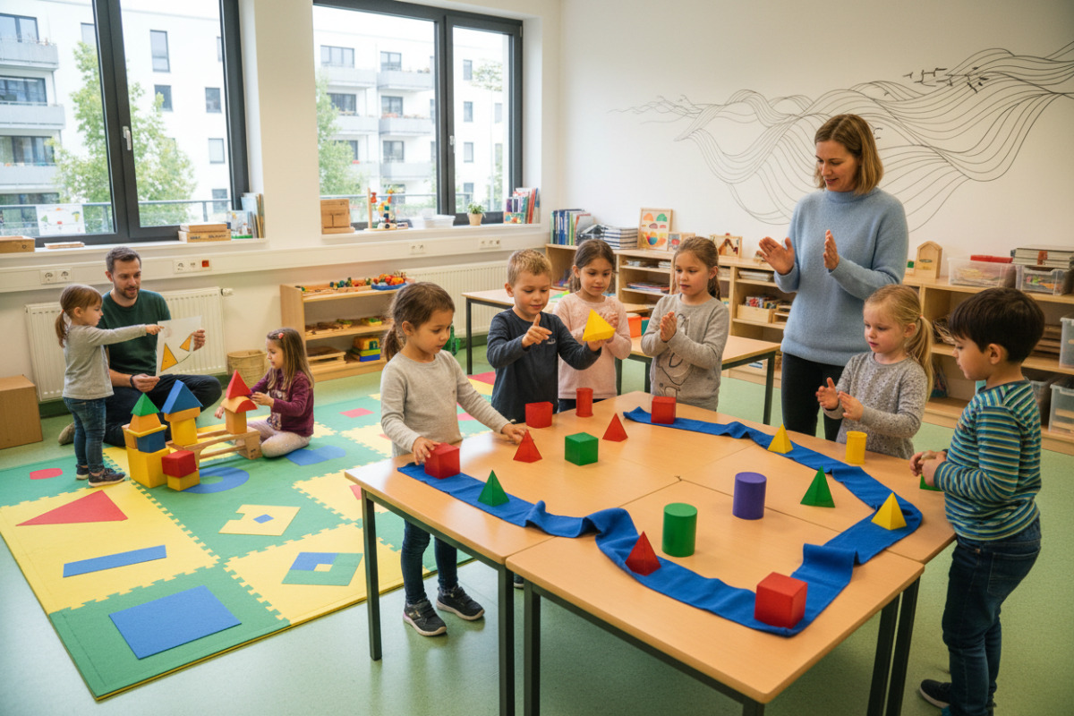 Die Spielsituationen verbinden geometrische Formen mit Bewegung, Sprache, Alltagserfahrungen und feinmotorischem