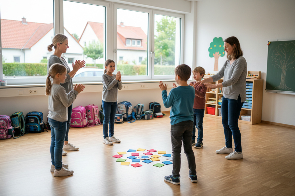 Die Bilder zeigen kleine Rituale, Bewegung und gemeinsame Ordnung als Bestandteile eines entspannten Lernalltags.