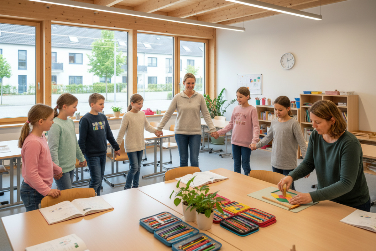 Die Bilder zeigen kleine Rituale, Bewegung und gemeinsame Ordnung als Bestandteile eines entspannten Lernalltags.