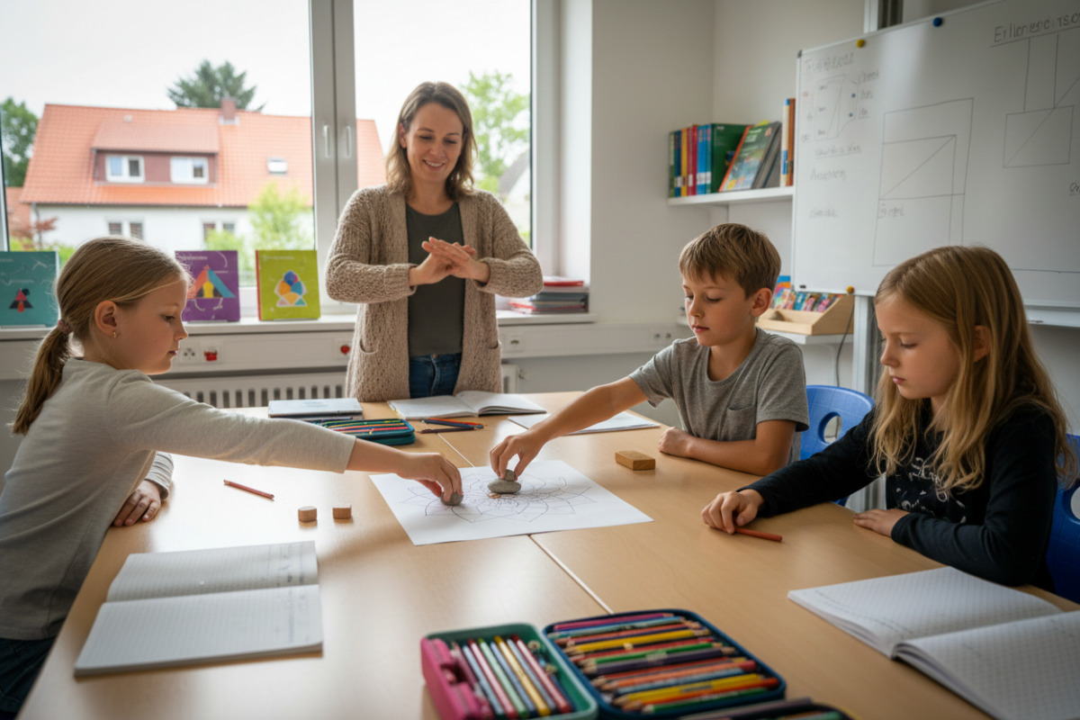 Die Bilder zeigen kleine Rituale, Bewegung und gemeinsame Ordnung als Bestandteile eines entspannten Lernalltags.
