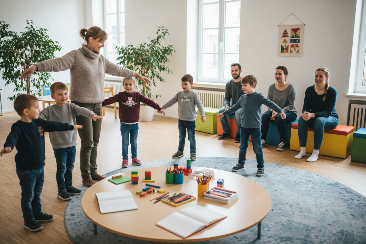 Die Bilder zeigen kleine Rituale, Bewegung und gemeinsame Ordnung als Bestandteile eines entspannten Lernalltags.