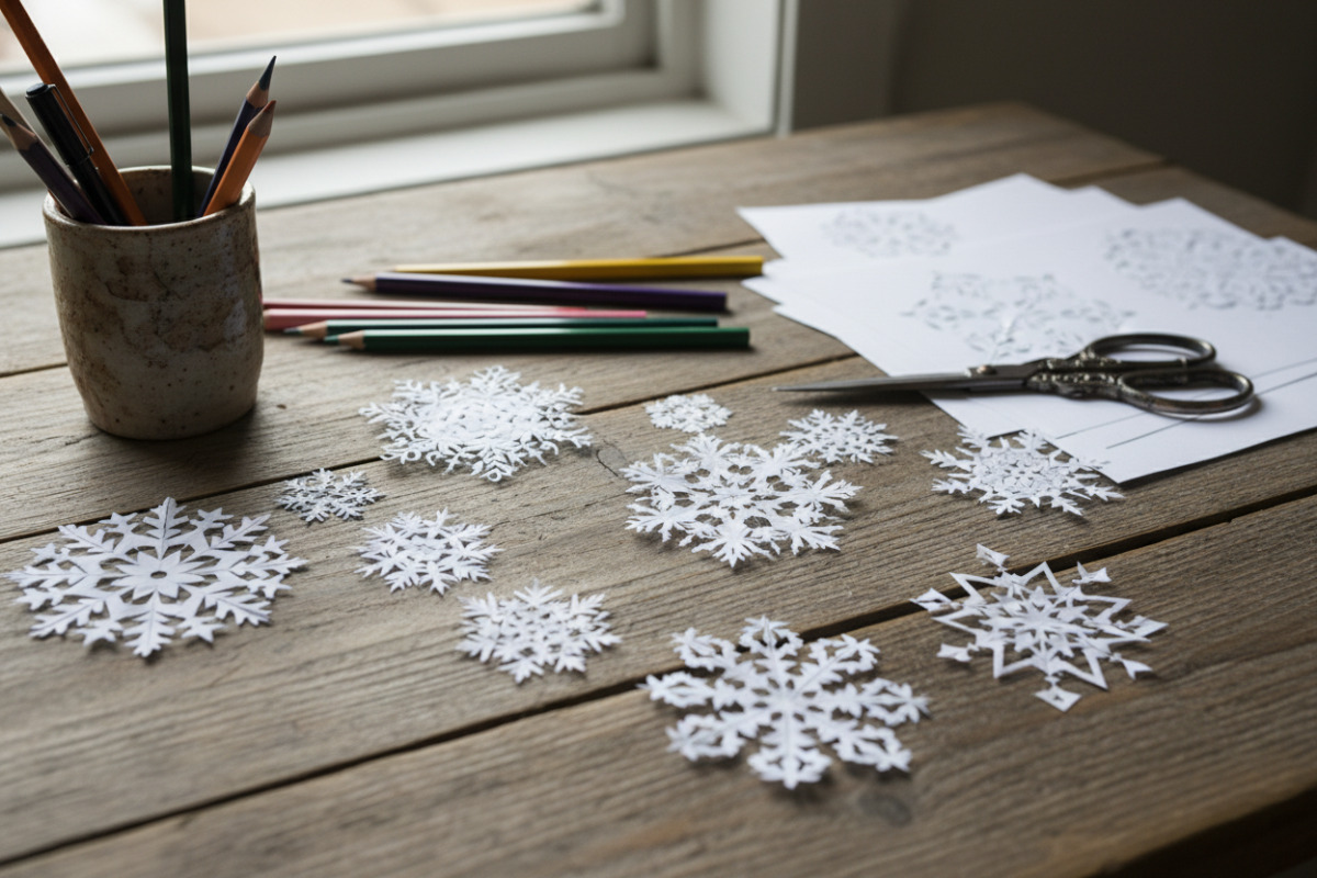 Papier-Schneeflocken und Stifte auf einem Tisch