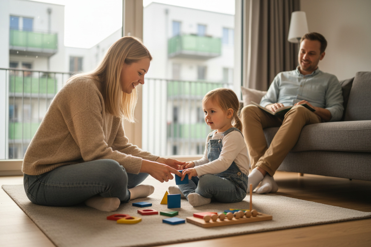Die Bilder zeigen kurze Lernmomente mit Formen, Mengen, Bewegung und aufmerksamer Begleitung im Familienalltag.