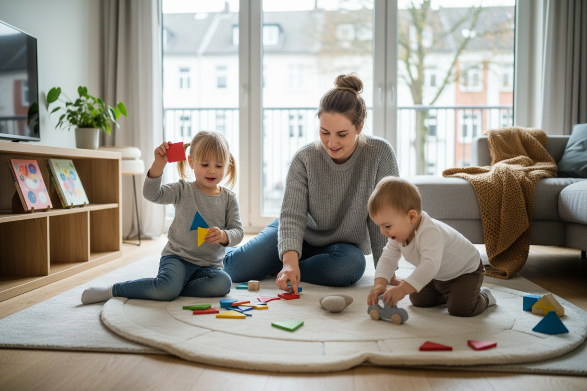 Die Bilder zeigen kurze Lernmomente mit Formen, Mengen, Bewegung und aufmerksamer Begleitung im Familienalltag.