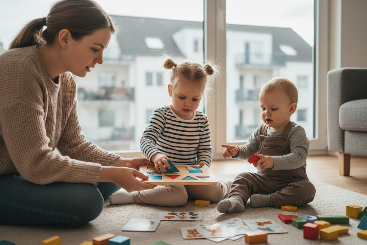 Die Bilder zeigen kurze Lernmomente mit Formen, Mengen, Bewegung und aufmerksamer Begleitung im Familienalltag.
