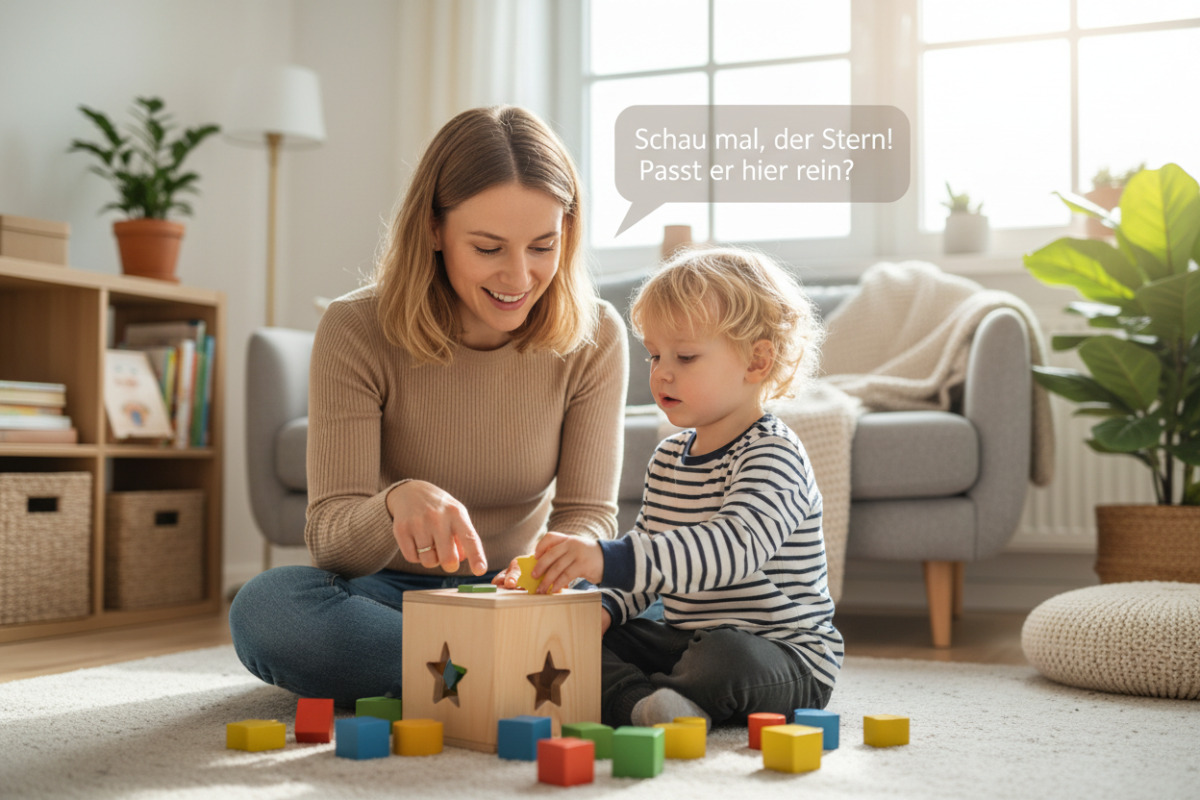 Die Bilder zeigen kurze Lernmomente mit Formen, Mengen, Bewegung und aufmerksamer Begleitung im Familienalltag.