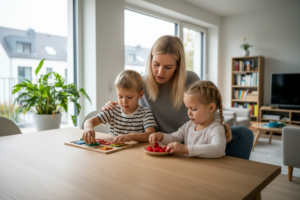 Die Bilder zeigen kurze Lernmomente mit Formen, Mengen, Bewegung und aufmerksamer Begleitung im Familienalltag.