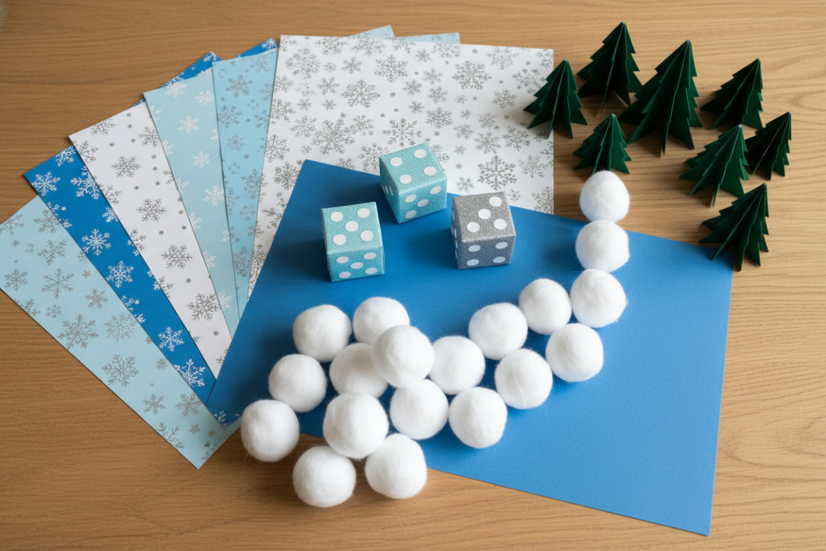 Bastelpapier, Würfel und kleine Wattebällchen als Schneebälle