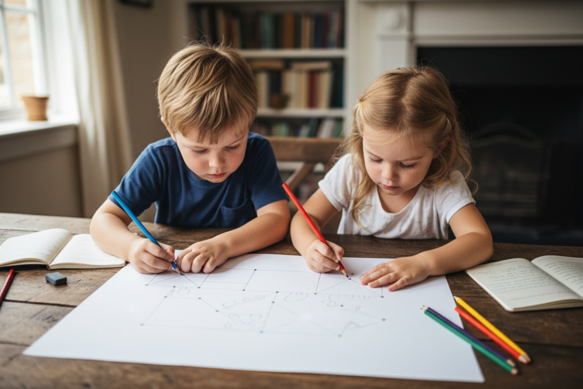 Zwei Kinder lösen ein kleines Rätsel mit Papier und Stiften