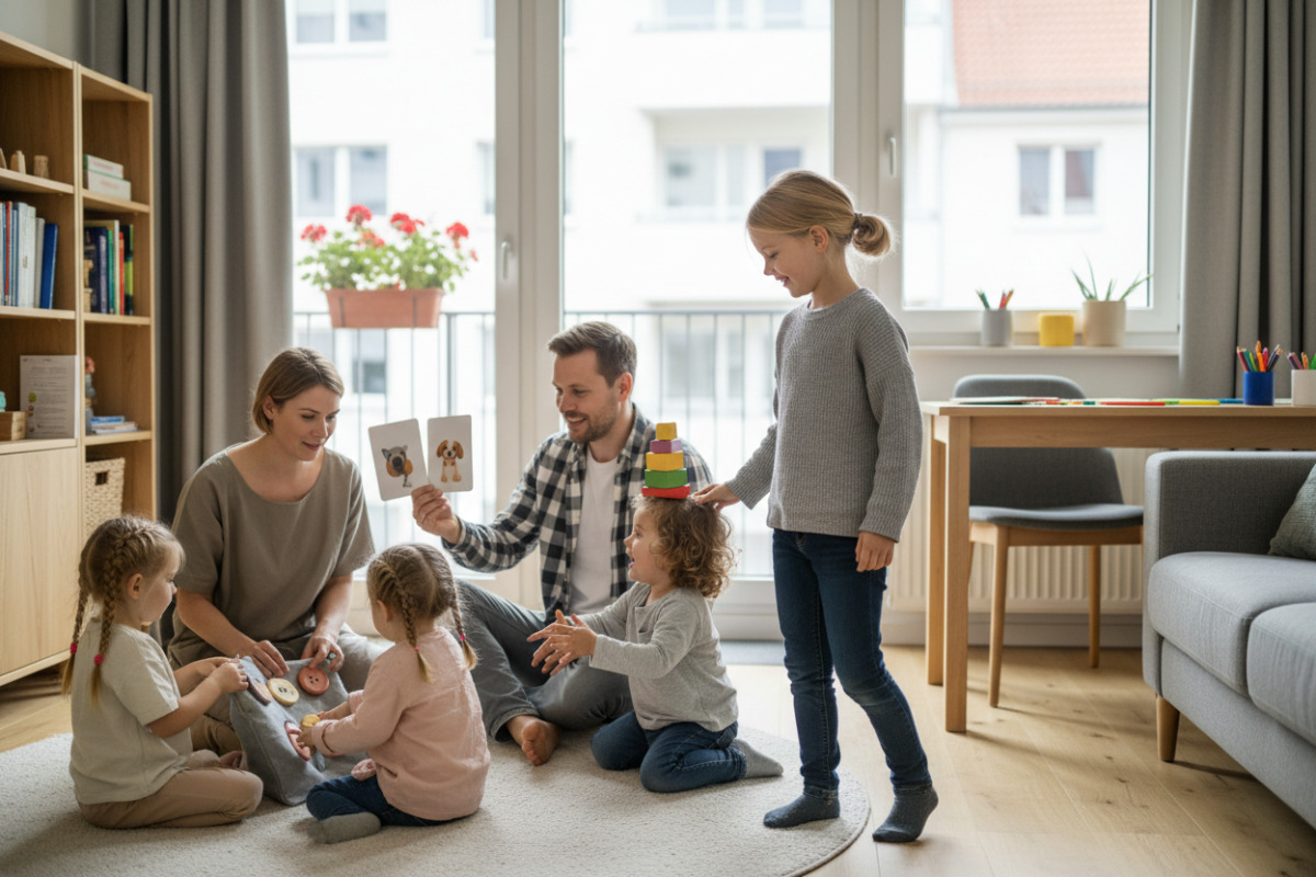 Die zeigen einfache Spiele für Aufmerksamkeit, Sprache, Bewegung und Feinmotorik im gemeinsamen Alltag.