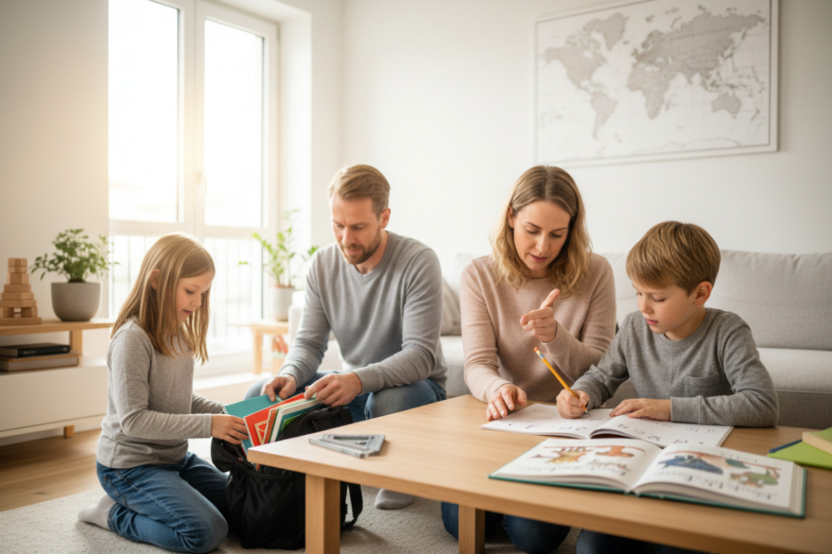 Die zeigen, wie Packen, Lesen, Rechnen und Hausaufgaben ruhig im Familienalltag begleitet werden können.