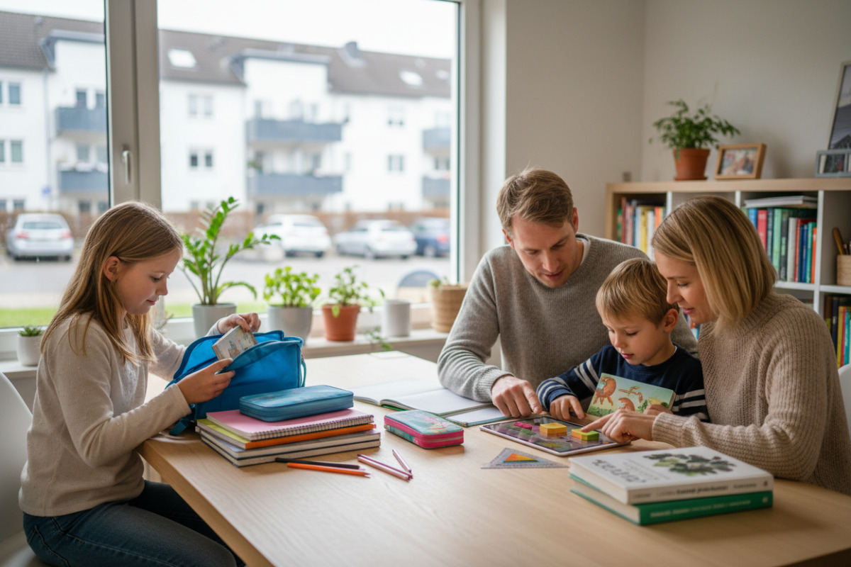 Die zeigen, wie Packen, Lesen, Rechnen und Hausaufgaben ruhig im Familienalltag begleitet werden können.