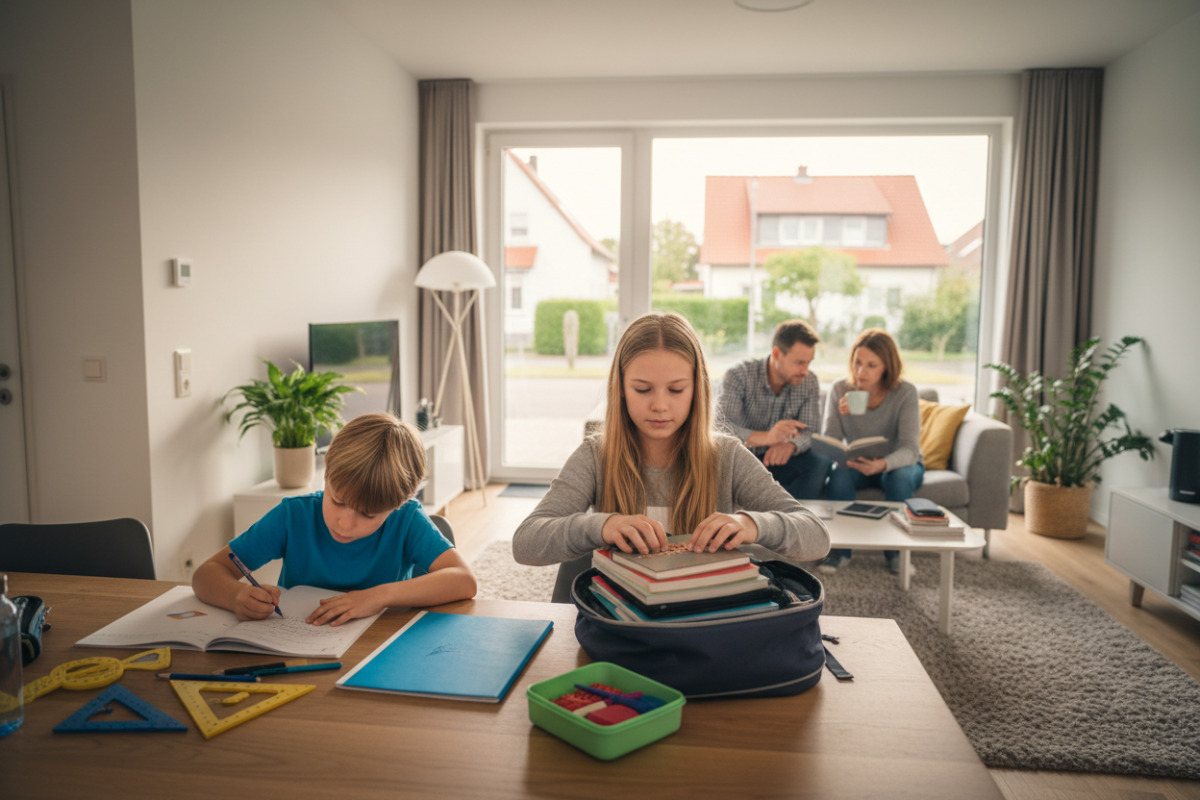 Die zeigen, wie Packen, Lesen, Rechnen und Hausaufgaben ruhig im Familienalltag begleitet werden können.