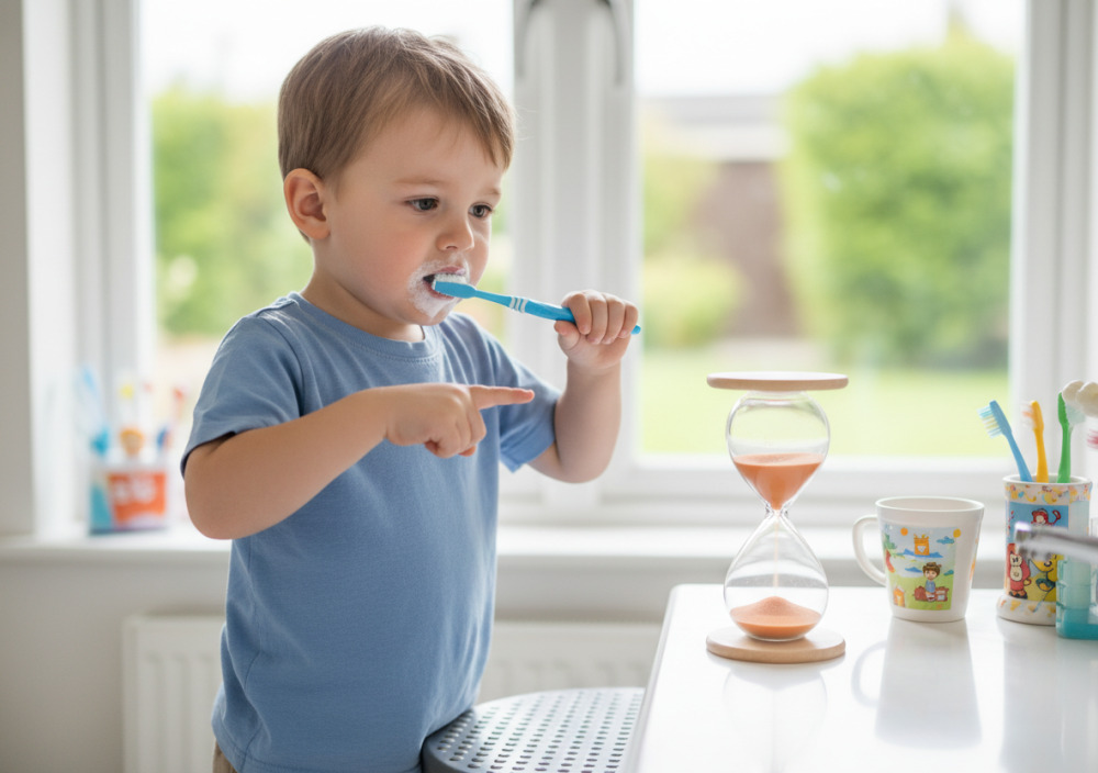 Kind nutzt eine Sanduhr beim Zähneputzen