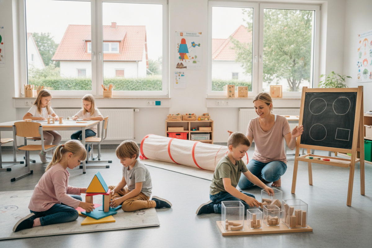 Spielerische Lernwege verbinden Mengen, Formen, Bewegung, Zusammenarbeit und ruhige Arbeitsroutinen.