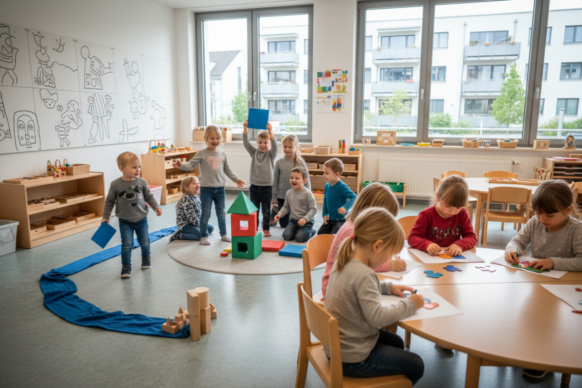 Spielerische Lernwege verbinden Mengen, Formen, Bewegung, Zusammenarbeit und ruhige Arbeitsroutinen.