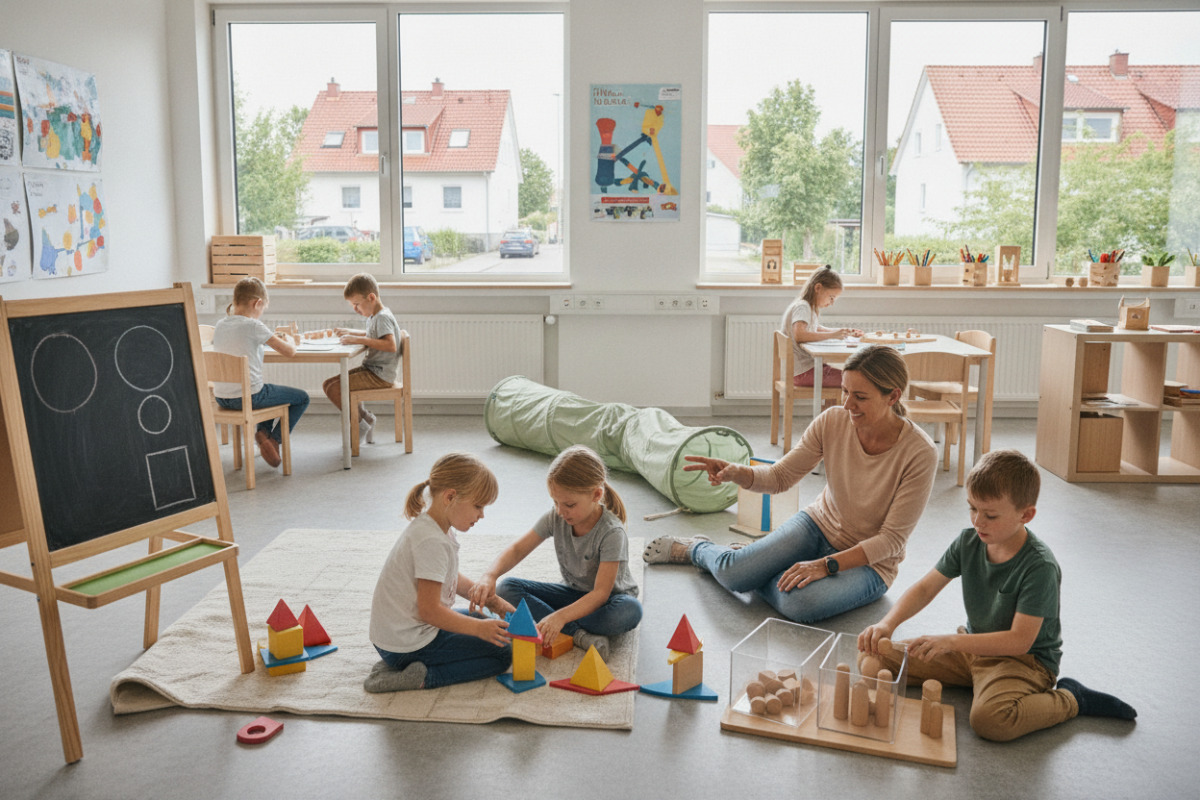 Spielerische Lernwege verbinden Mengen, Formen, Bewegung, Zusammenarbeit und ruhige Arbeitsroutinen.