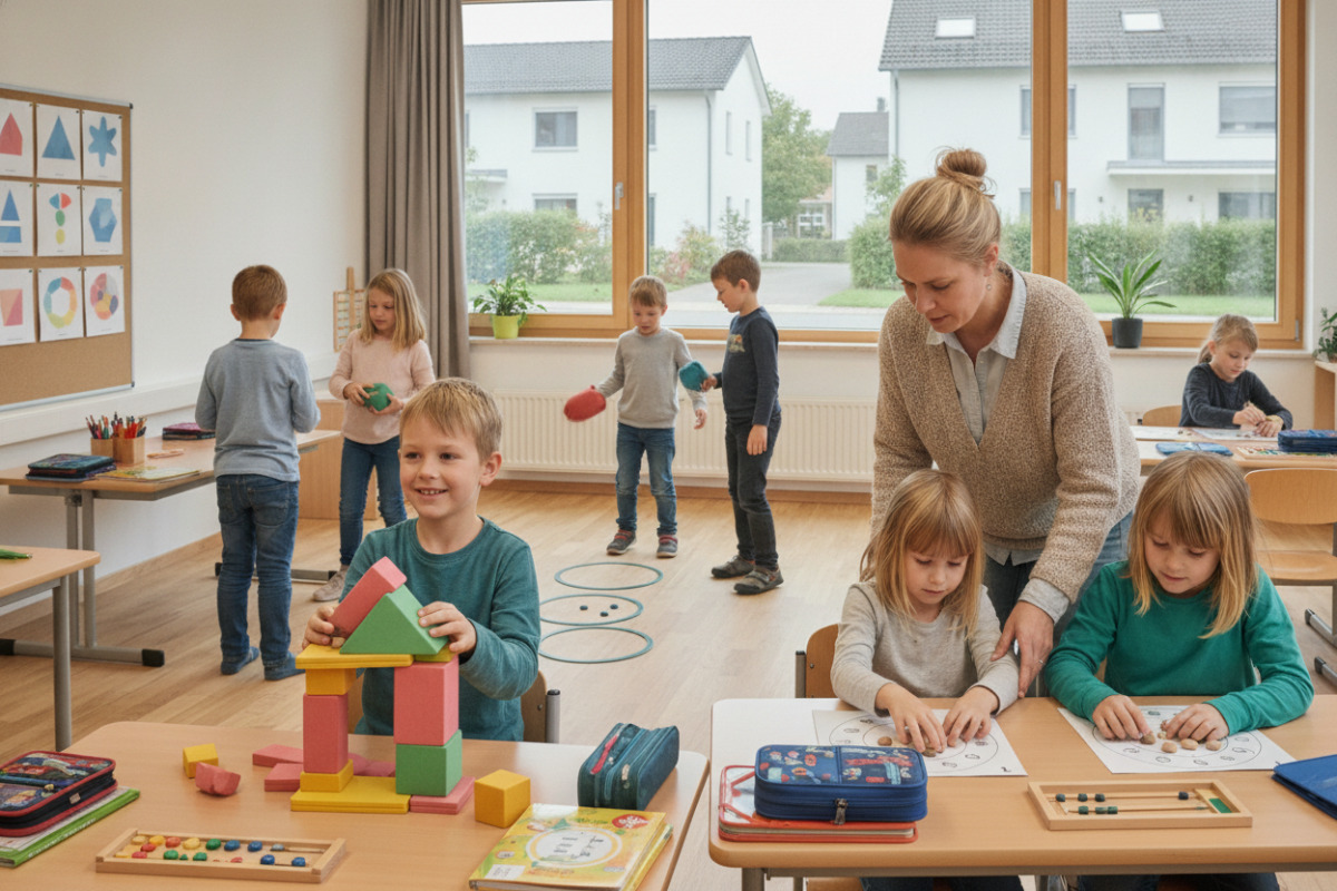 Spielerische Lernwege verbinden Mengen, Formen, Bewegung, Zusammenarbeit und ruhige Arbeitsroutinen.
