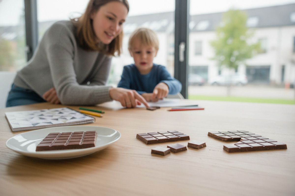Abb. Gleich große Schokoladenstücke verdeutlichen den Zusammenhang zwischen Ganzem, Nenner und Zähler.