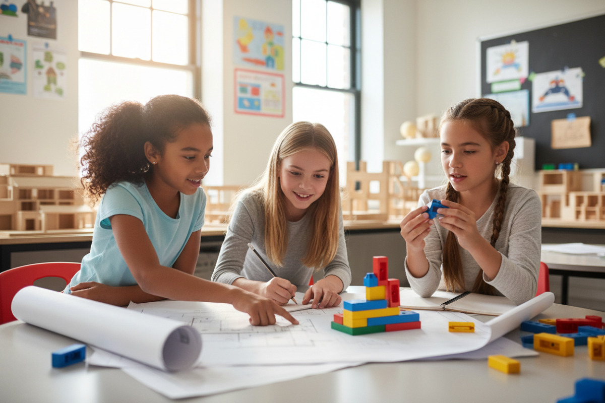 Schülerinnen planen gemeinsam ein Bauprojekt