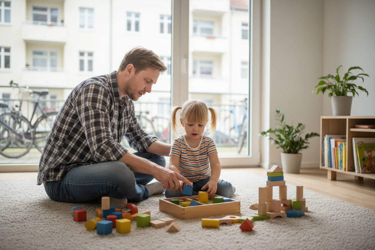Abb. Ein Vater begleitet sein Kind beim Sortieren und Entdecken mit Holzklötzen.