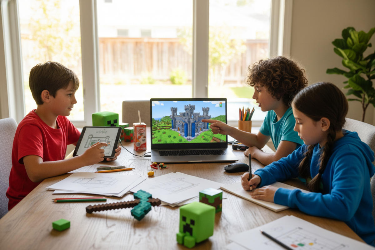 Kinder planen ein Minecraft-Bauprojekt am Laptop