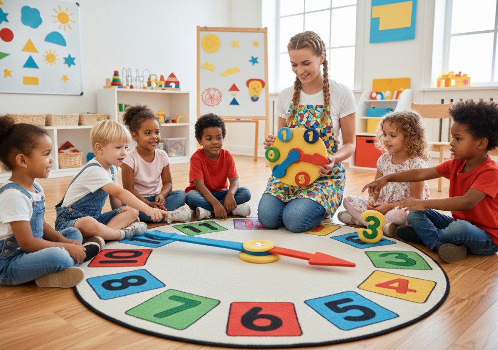 Lehrerin erklärt Kindern spielerisch die Uhrzeit