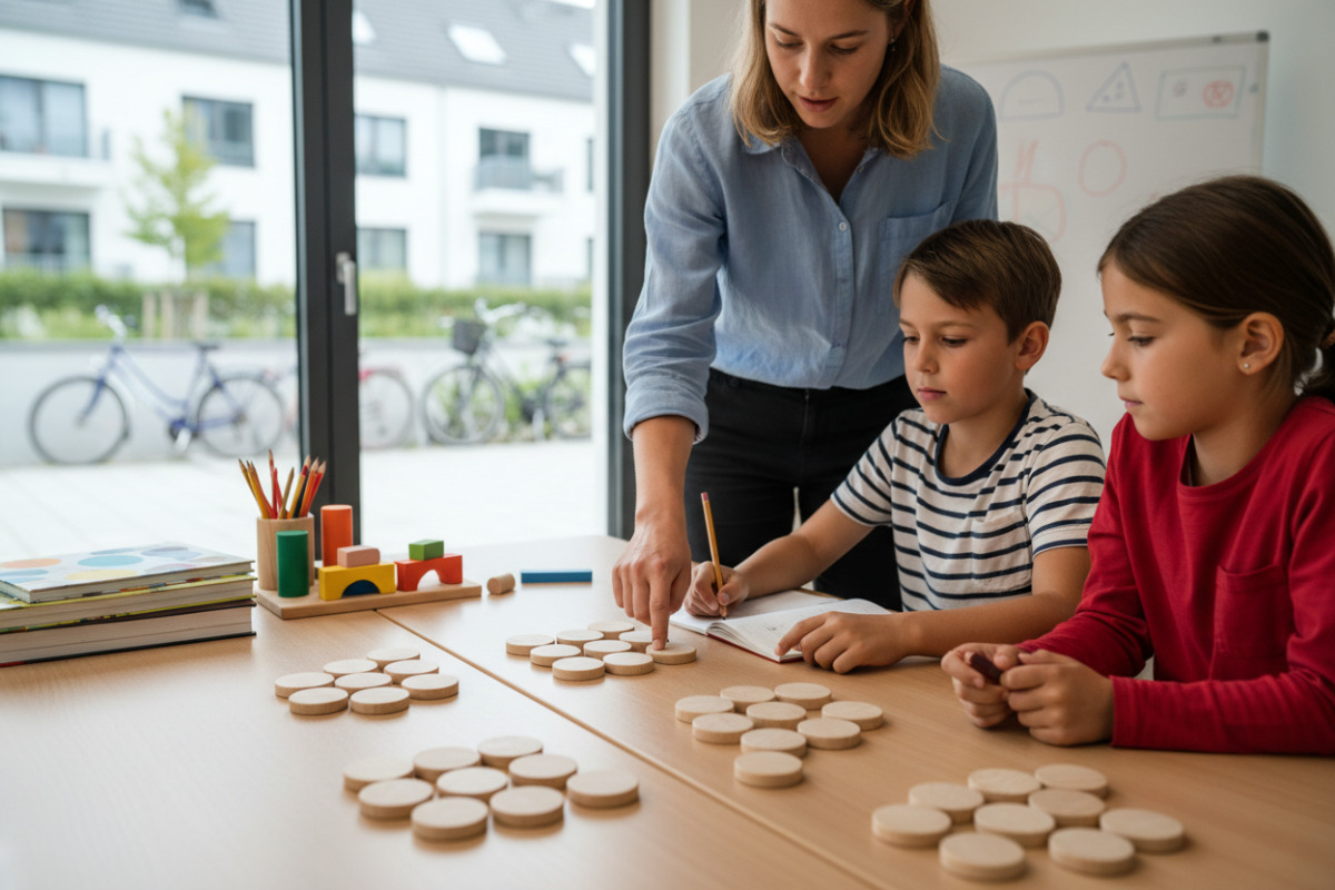 Abb. Holzplättchen helfen, gleich große Gruppen zu legen und passende Rechenaufgaben zu besprechen.