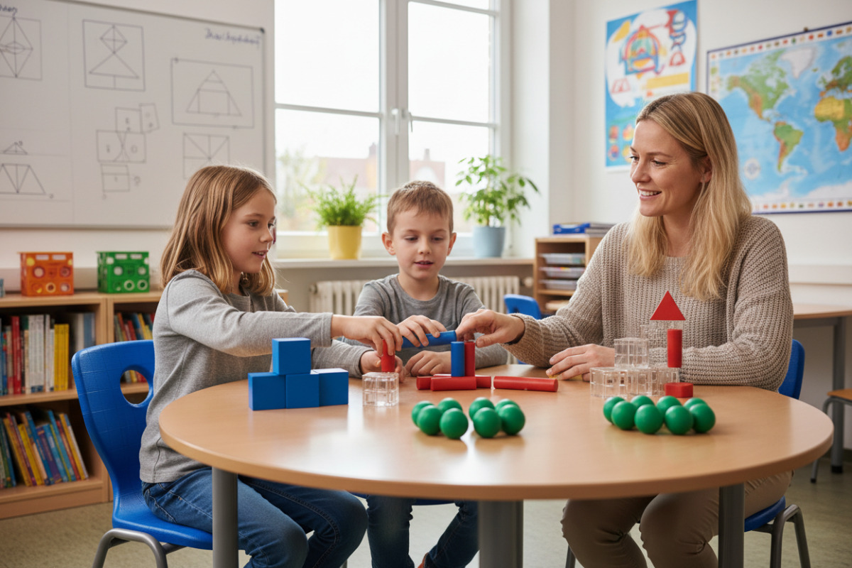 Abb. Gemeinsam gelegte Mengen helfen dabei, über Rechenweg ins Gespräch zu kommen.
