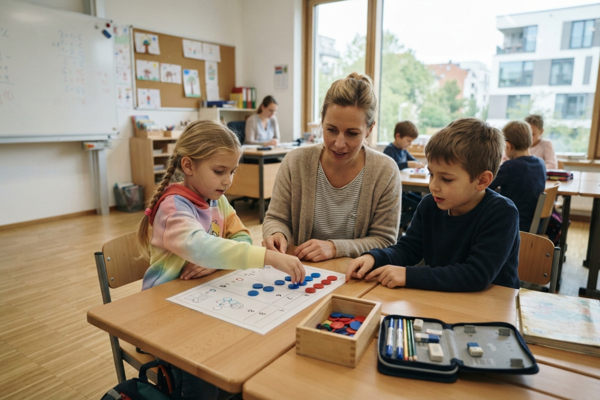 Abb. Gemeinsam gelegte Rechenplättchen machen Mengen und kleine Rechenwege sichtbar.