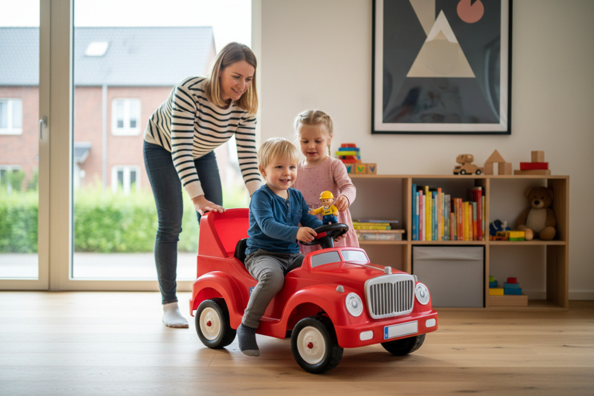 Abb. Am Spielauto lassen sich Vorderseite und Rückseite erkennen und Figuren passend aufstellen.