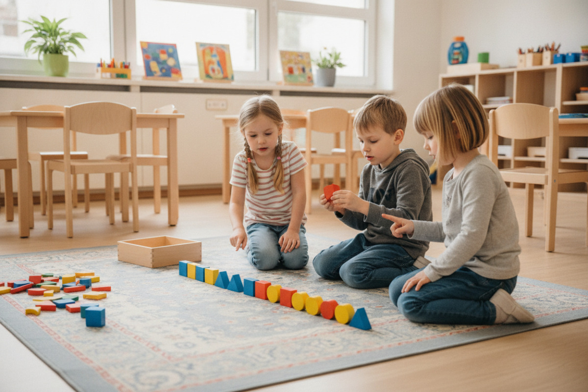 Abb. Beim Fortsetzen eines Musters vergleichen Kinder die Formen und ihre Reihenfolge.