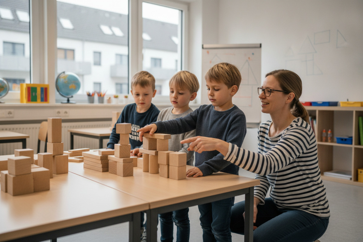 Abb. Holzsteine helfen, Mengen zu sehen und Rechenweg in Ruhe auszuprobieren.