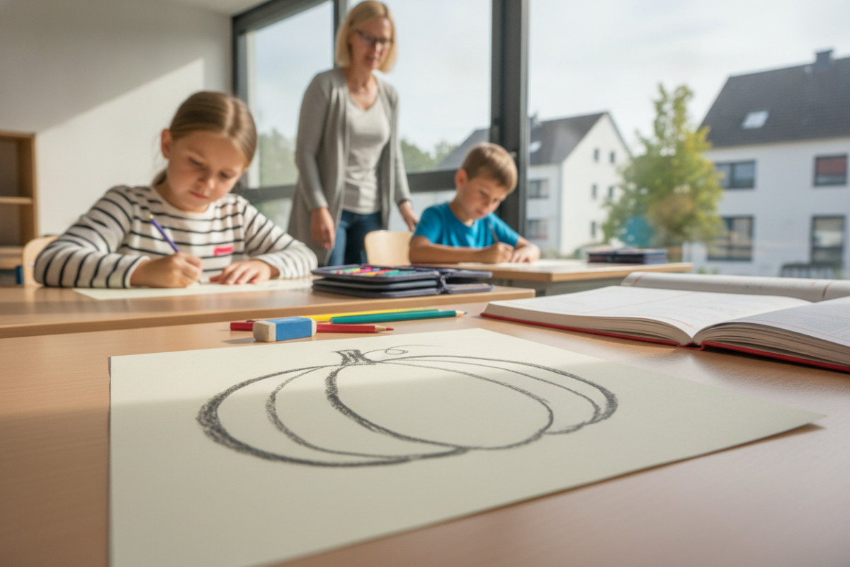 Abb. Ein Oval, ein Stiel und gebogene Linien machen aus wenigen Strichen Kürbis.