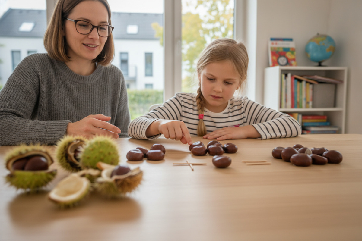 Abb. Mit Kastanien und Schalen werden Mengen und Rechenwege sichtbar.