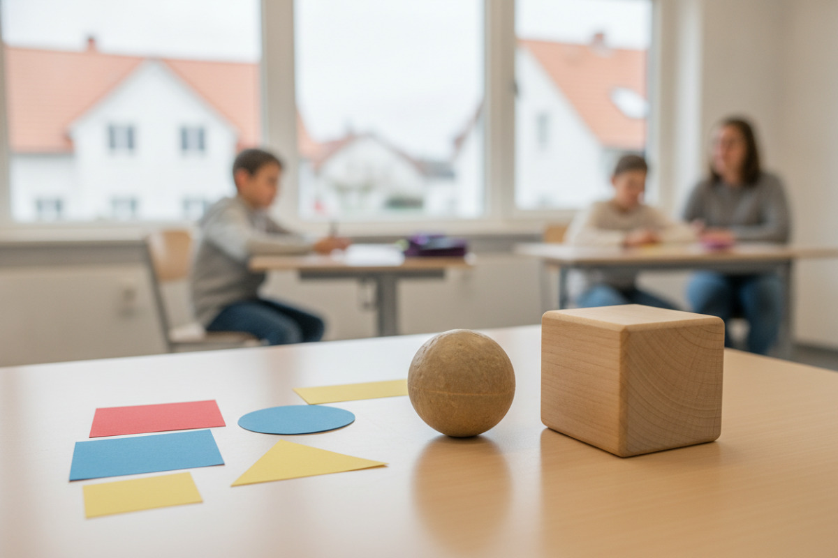 Abb. Papierformen stehen für ebene Figuren, Ball und Holzwürfel für räumliche Körper.
