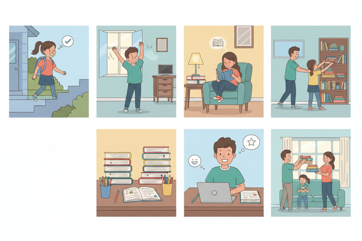 Fünf Alltagsszenen, die zeigen, wie kleine Schritte, Bewegung, Lesen und Ordnung Hausaufgaben entspannen können