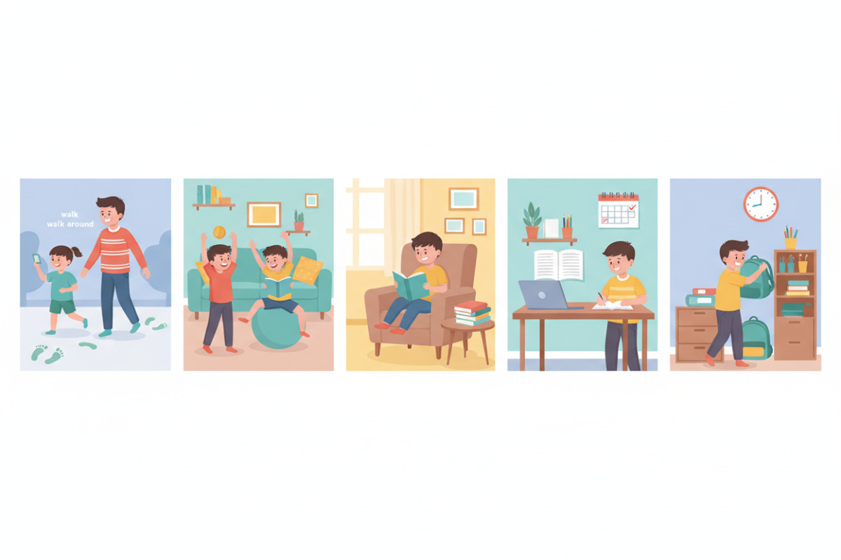 Fünf Alltagsszenen, die zeigen, wie kleine Schritte, Bewegung, Lesen und Ordnung Hausaufgaben entspannen können