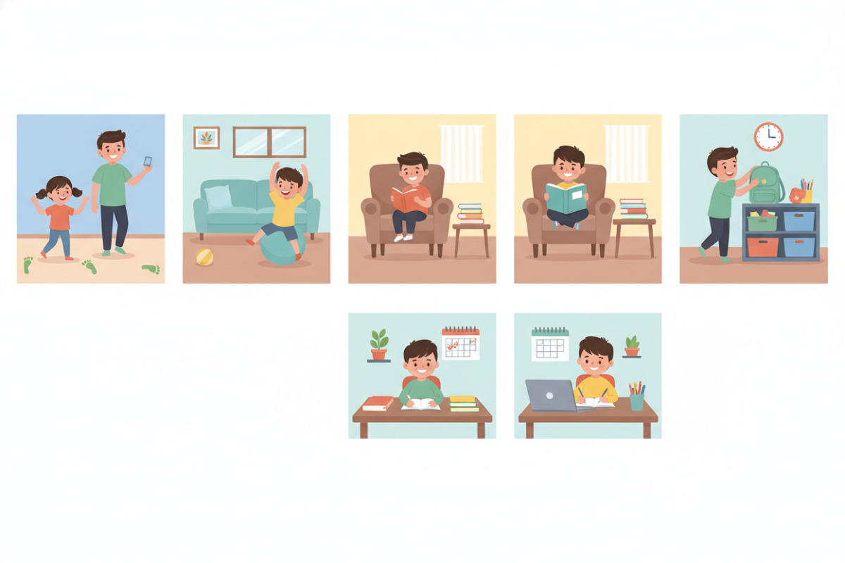 Fünf Alltagsszenen, die zeigen, wie kleine Schritte, Bewegung, Lesen und Ordnung Hausaufgaben entspannen können