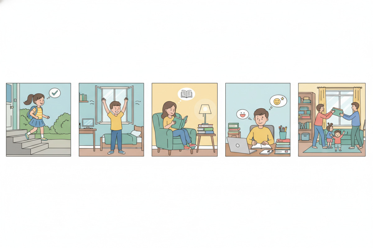Fünf Alltagsszenen, die zeigen, wie kleine Schritte, Bewegung, Lesen und Ordnung Hausaufgaben entspannen können