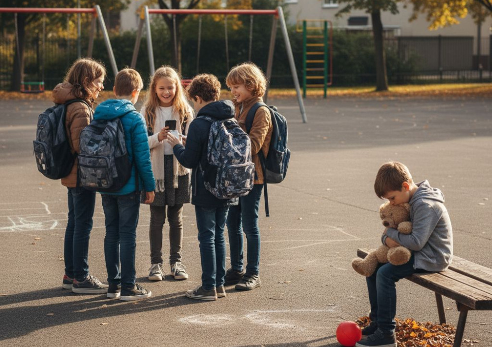 Schülergruppe auf dem Schulhof mit einem ausgegrenzten Kind