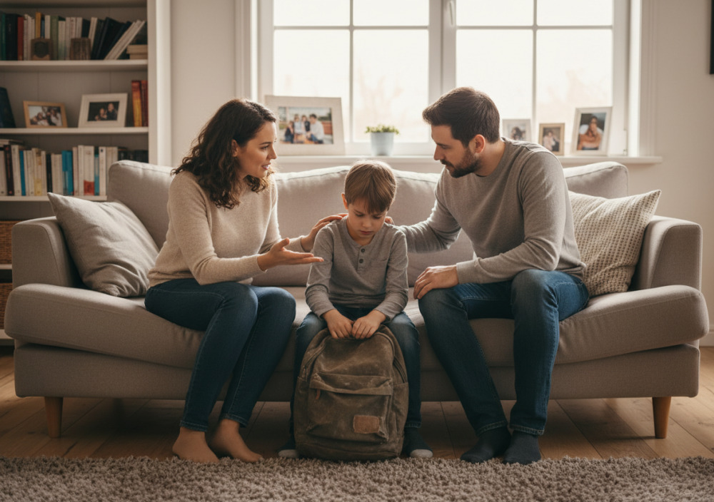 Eltern sprechen mit ihrem Kind über Probleme in der Schule