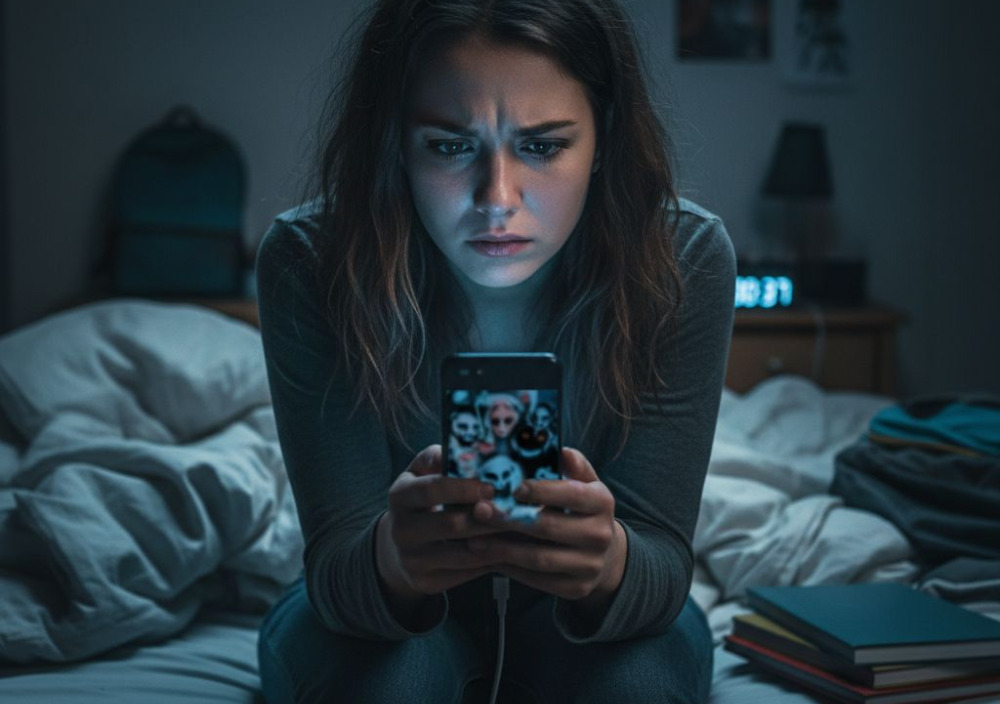 Jugendliche schaut betroffen auf ihr Smartphone