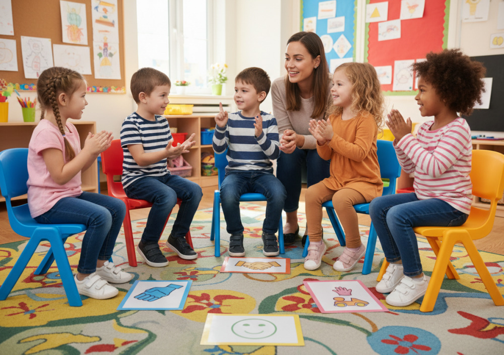 Kinder sitzen im Stuhlkreis und diskutieren Regeln für die Klassengemeinschaft