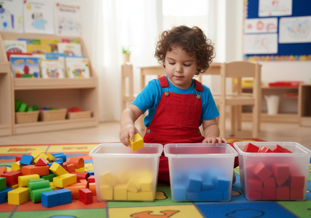 Vorschulkind sortiert bunte Bauklötze nach Farben
