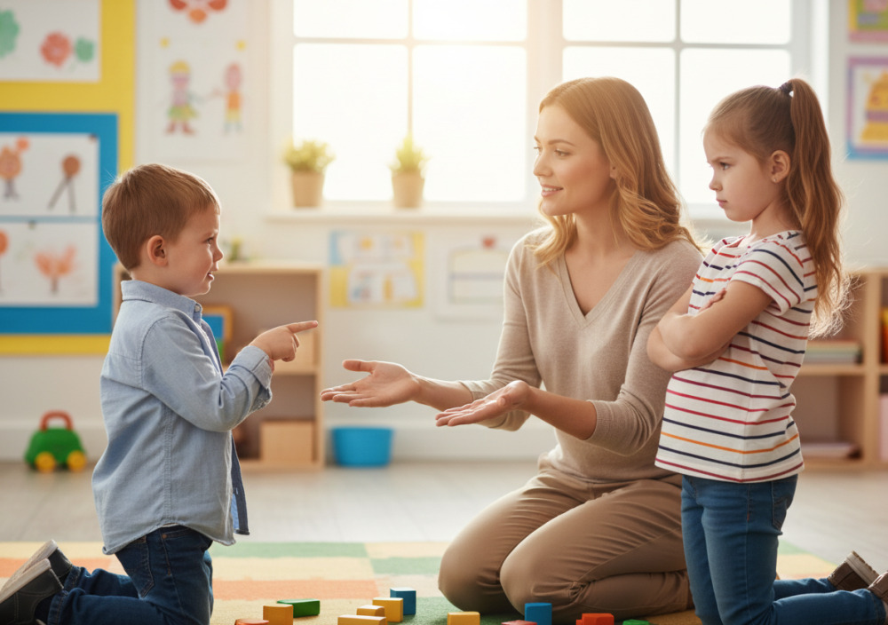 Lehrerin vermittelt in einem Streit zwischen zwei Kindern