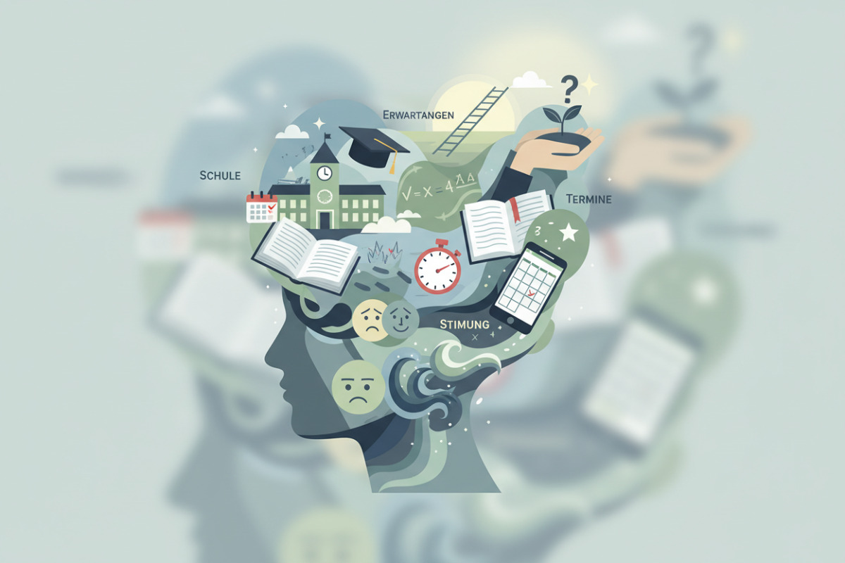 Abb. Gedanken gleichzeitig Schule, Termine, Stimmung, Erwartungen.