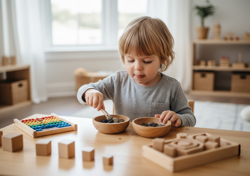Kind konzentriert sich auf eine kleine Übung am Tisch