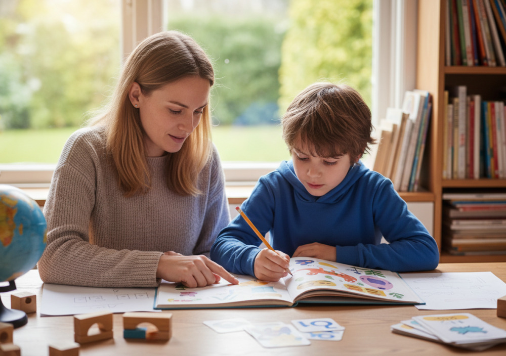 Elternteil unterstützt ein Grundschulkind beim Lernen